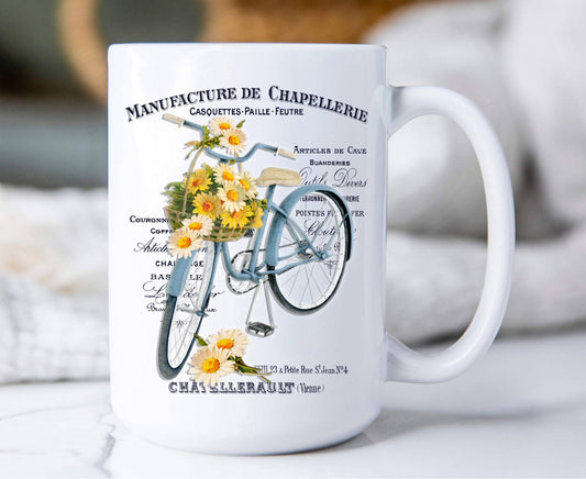 Vintage French Daisy Bicycle Shabby Chic Coffee Mug