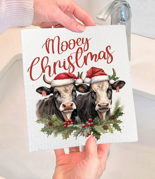 Mooey Christmas Cows Farm Swedish Dishcloth-Sets of 2