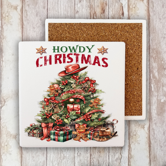 Western Howdy Christmas Tree Stone Coaster (Set of 2)