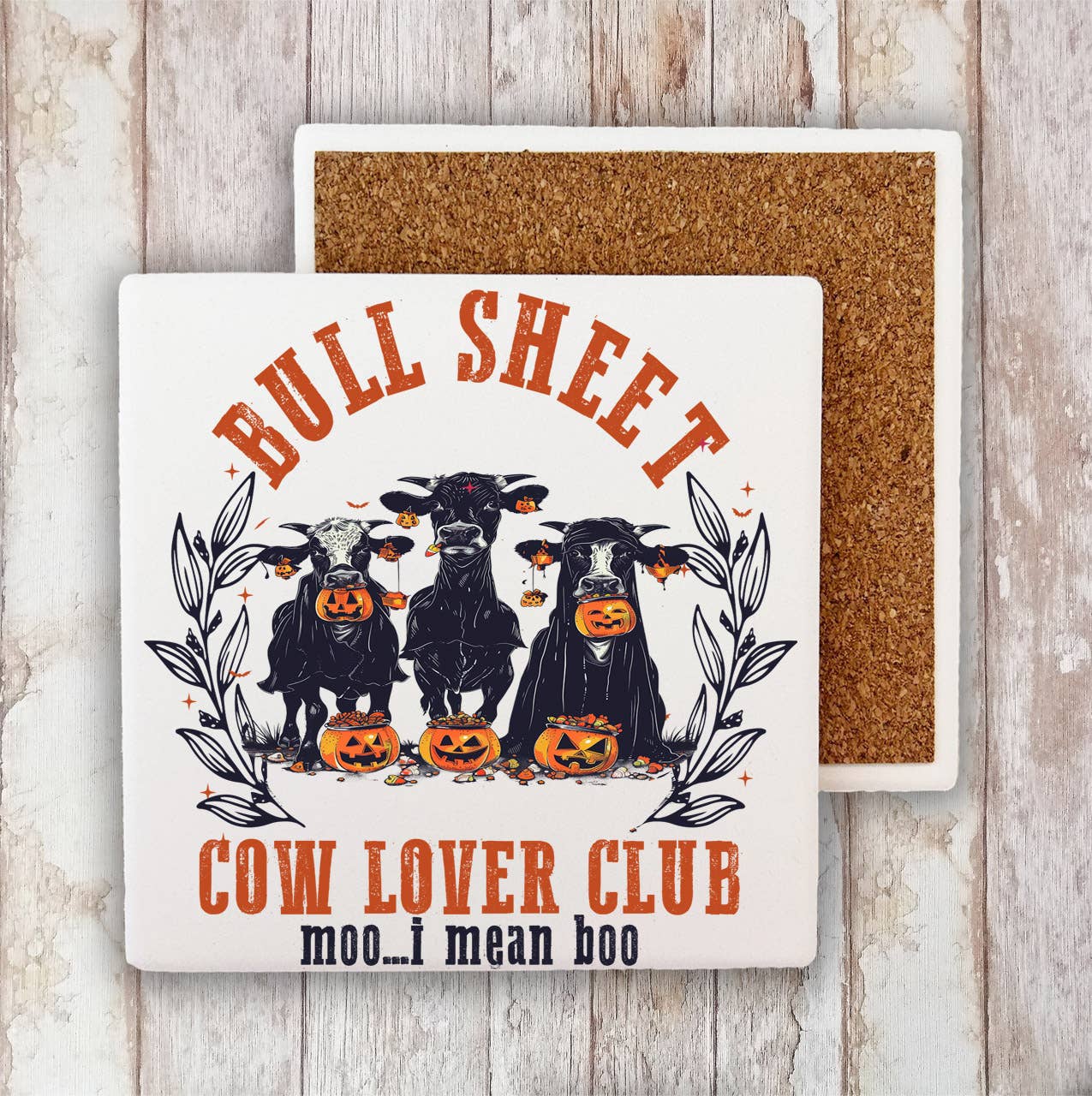Halloween Bull Sheets Cows Pumpkins Stone Coaster-Sets of 2