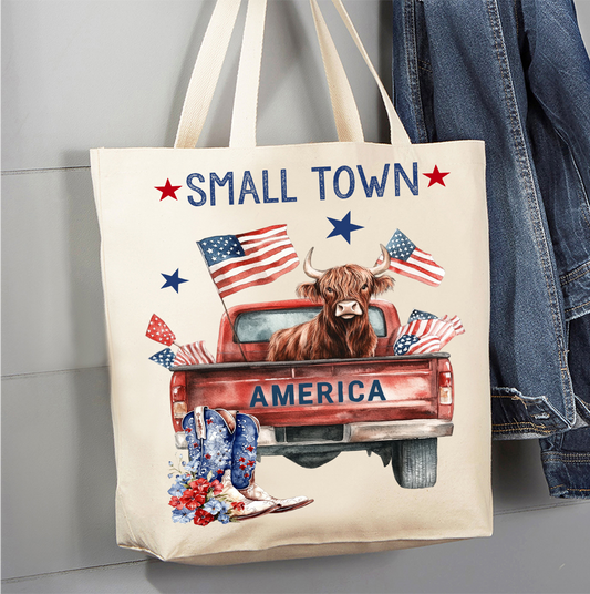 Small Town American Patriotic Cow Canvas Tote Bag