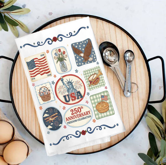 Patriotic Collage 250 Anniversary America Tea Towel