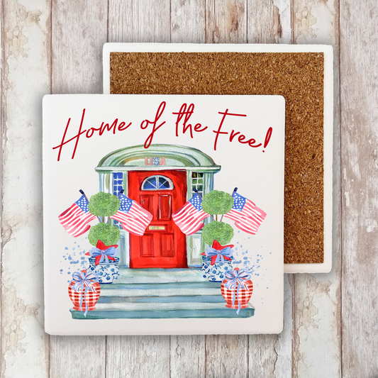 Patriotic Red Door Home of the Free Stone Coaster (Set of 2)