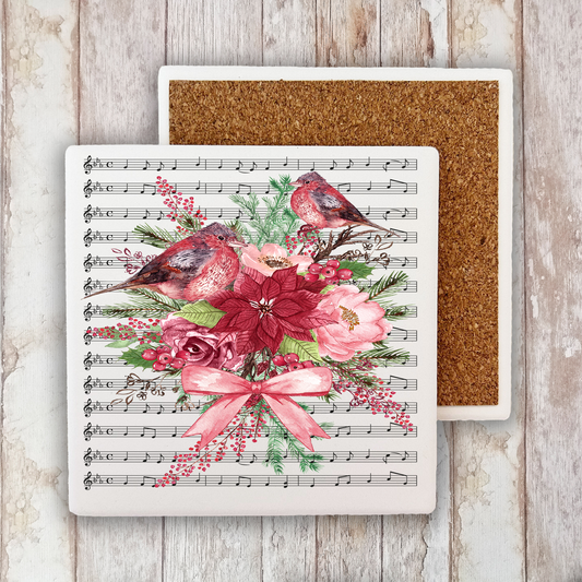 Christmas Red Cardinals Musical Notes Stone Coaster (Set of 2)