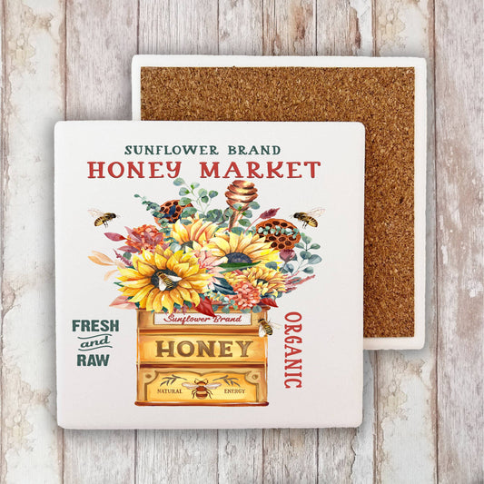 Modern Farmhouse Honey Market Bees Stone Coaster-Set of 2