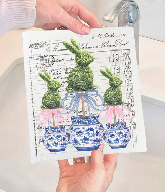 Easter Blue and White Topiary Vintage Swedish Dishcloth