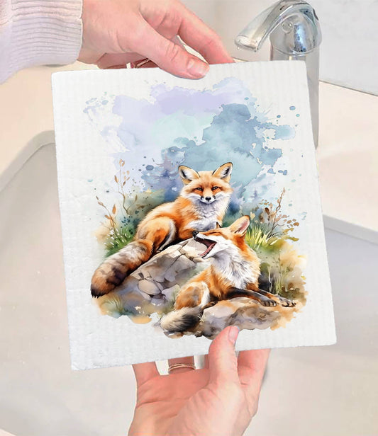 Fox Animal Resting on Rocks Swedish Dishcloth (Set of 2)