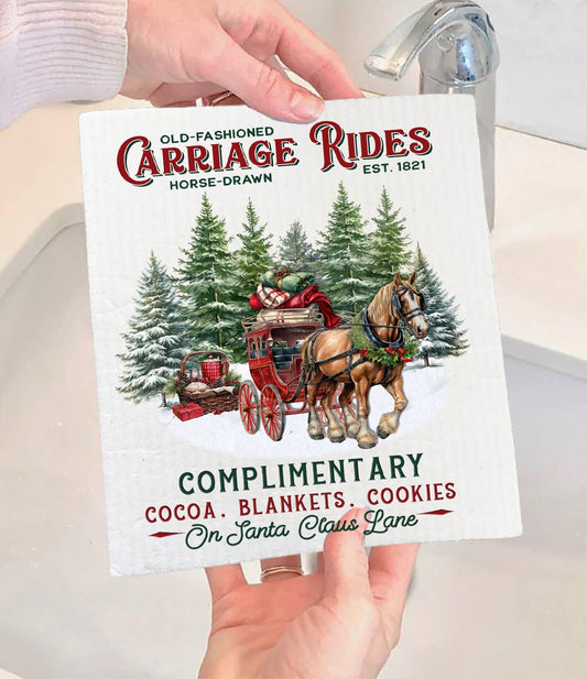 Christmas Carriage Rides Horses Swedish Dishcloth-Sets of 2