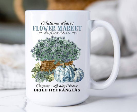 Autumn Blue White Pumpkins Hydrangeas Coffee Mug