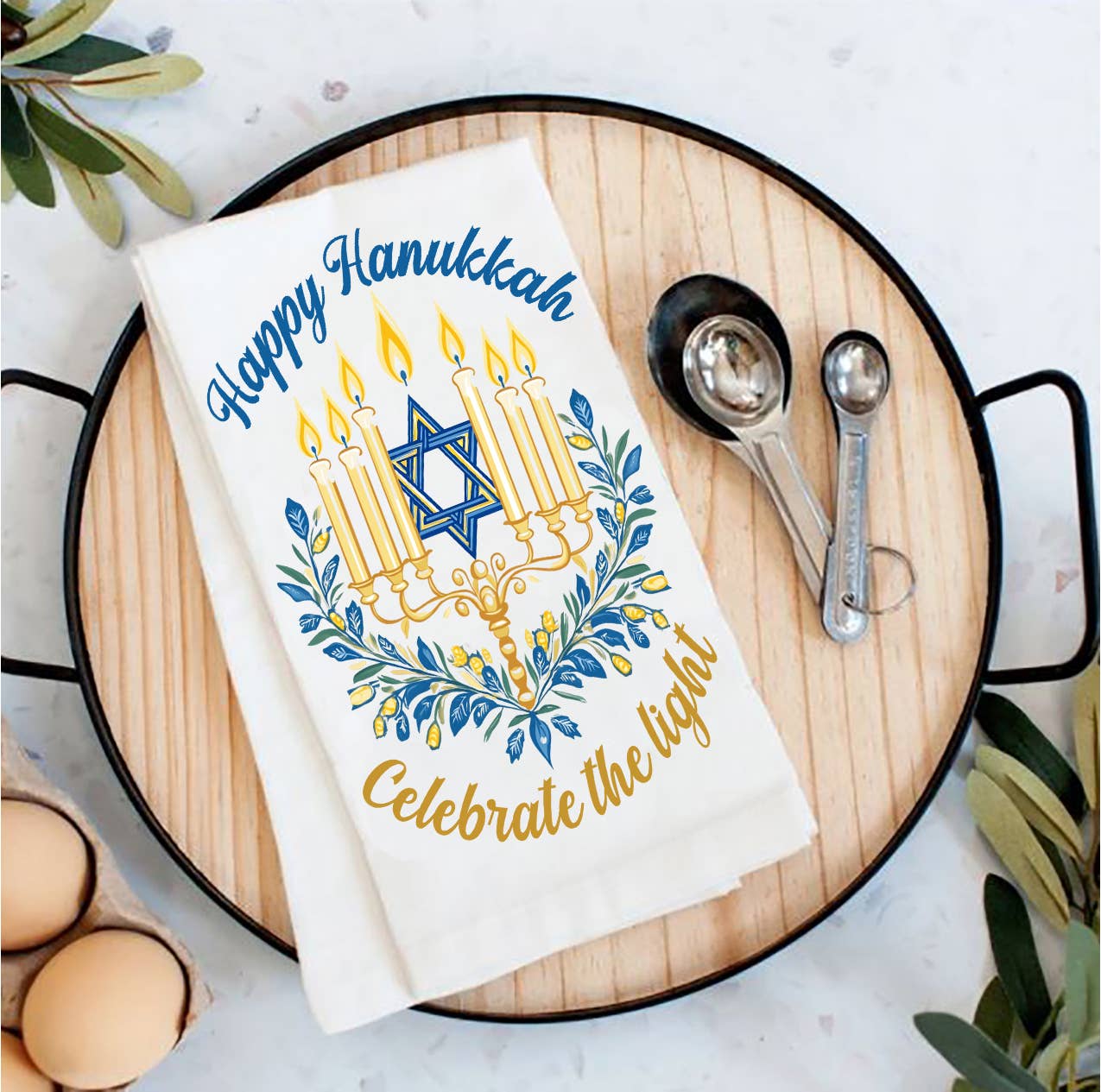 Happy Hanukkah Menorah Star Tea Towel