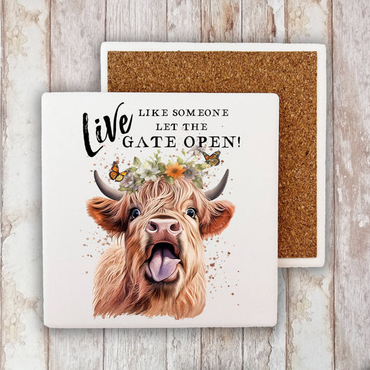 Highland Cow Life Life Gate Open Stone Coaster