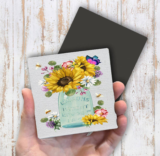 Country Mason Jar Sunflowers Magnet Fridge - Sets of 2