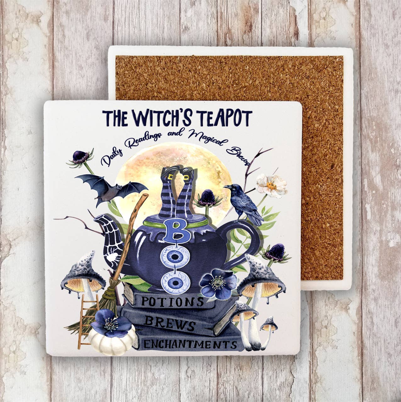 Halloween Witch's Teapot Brews Stone Coaster-Sets of 2