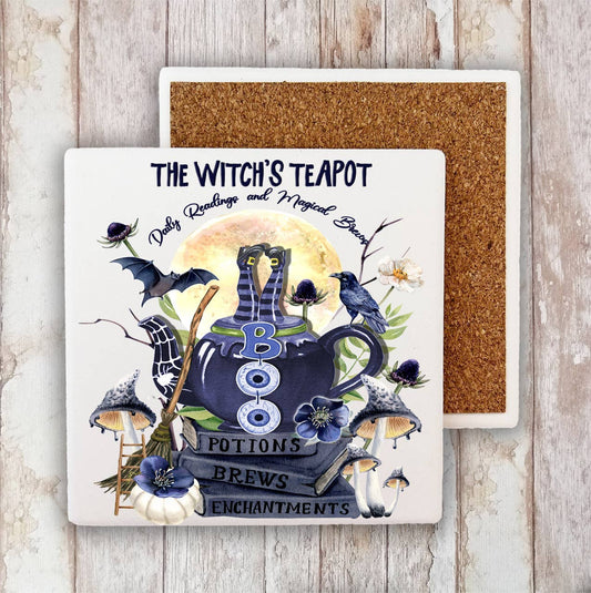 Halloween Witch's Teapot Brews Stone Coaster-Sets of 2