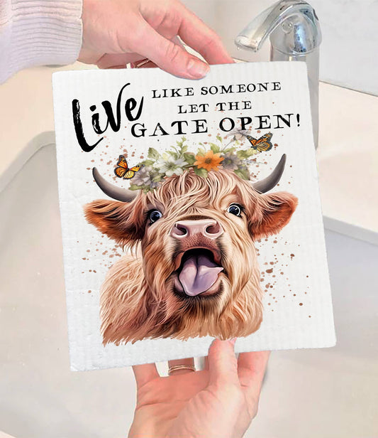 Set of 2 - Highland Cow Life Life Gate Open SWEDISH DISH CLOTH