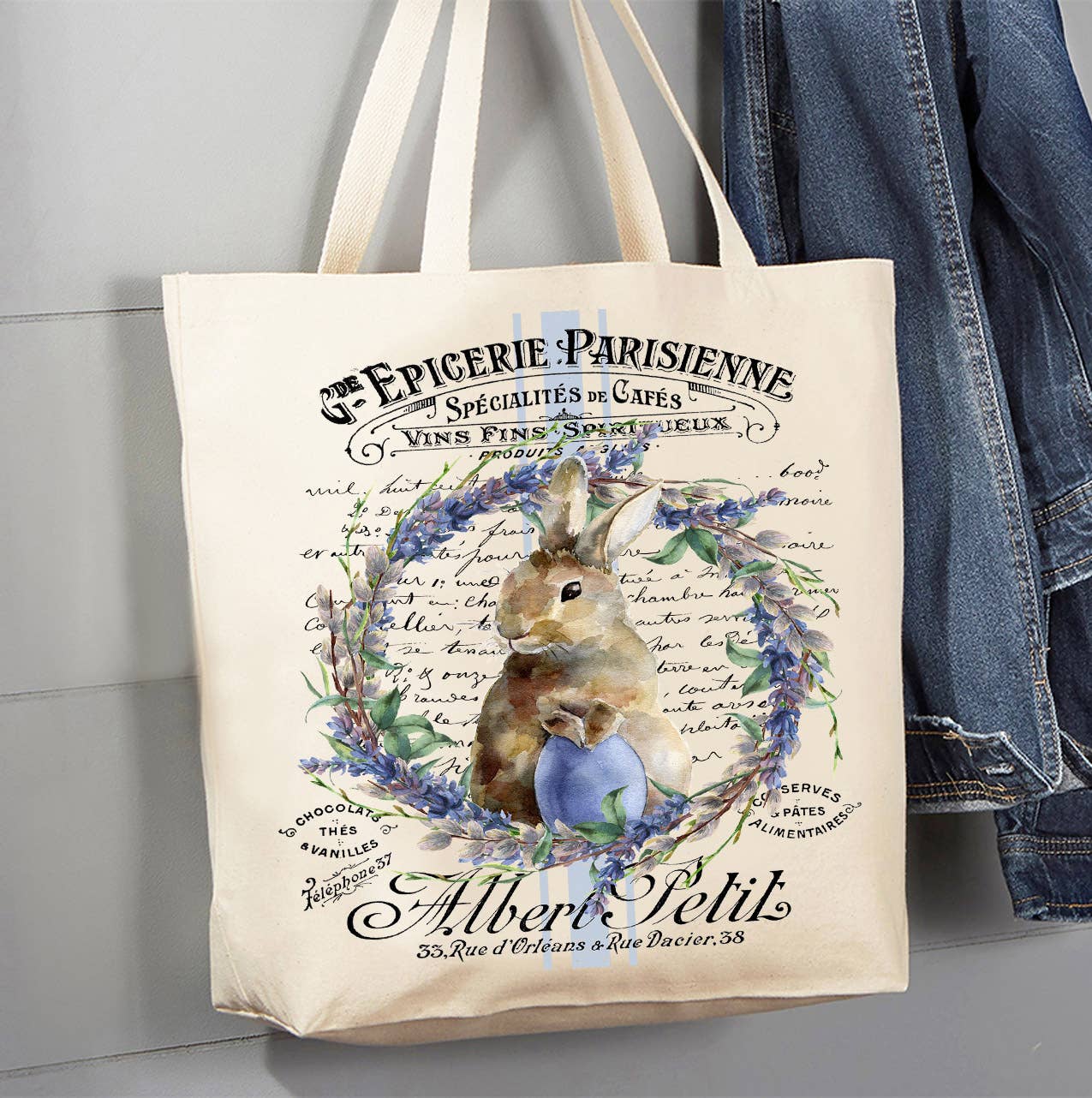 Vintage Easter Bunny Lavender French Canvas Tote Bag