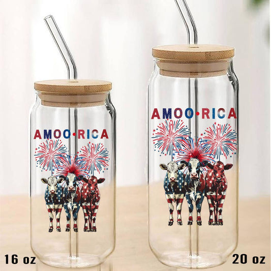 Patriotic Cow Amoo-rica Can Glass with Lid Straw