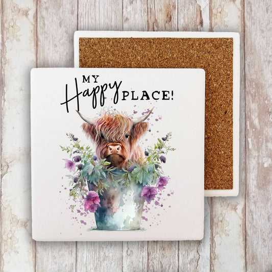 Highland Cow My Happy Place Stone Coaster