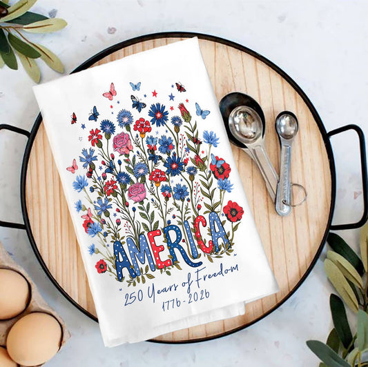 Patriotic Flowers 250 Anniversary America Tea Towel