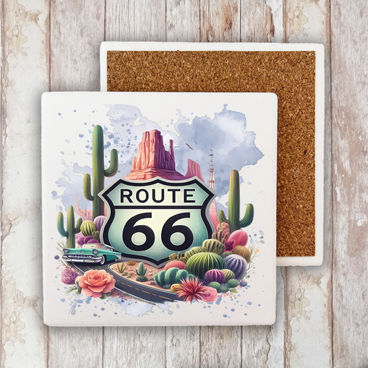 Route 66 Desert Cactus  Stone Coaster (Set of 2)