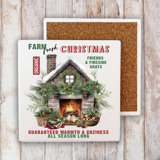Farm Fresh Christmas Fireplace  Stone Coaster-Sets of 2