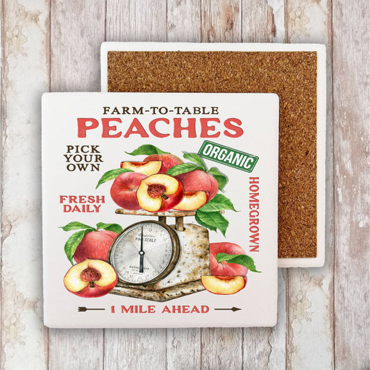 Modern Farmhouse Fresh Peaches Stone Coaster-Set of 2
