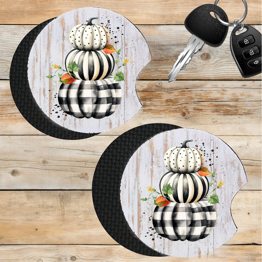 Car Coaster Fall Black and White Checkered Pumpkins