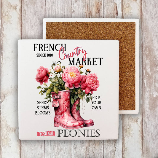 French Country Market Peonies Stone Coaster