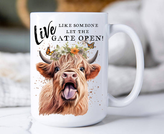 Highland Cow Life Life Gate Open 15 oz Coffee Mug