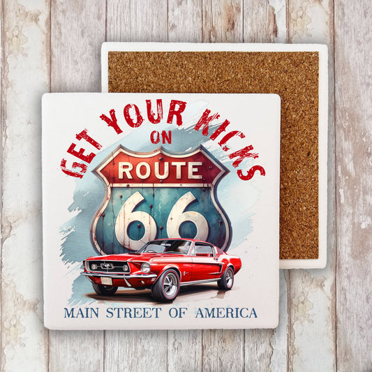 Route 66 Get your Kicks Mustang  Stone Coaster (Set of 2)