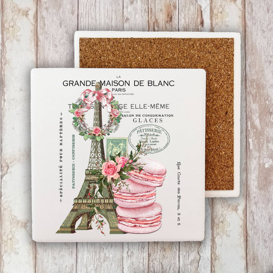 Vintage Paris France Pink Macarons Stone Coaster