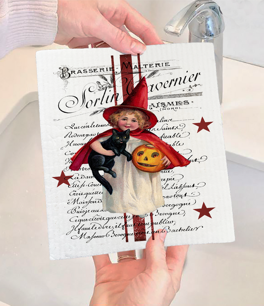 Halloween Vintage French Black Cat Swedish Dishcloth (Set of 2)