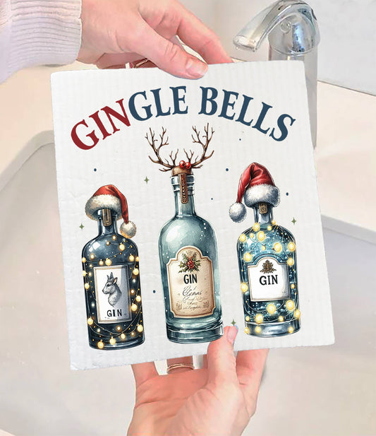 Christmas Gingle Bells Gin Swedish Dishcloth (Set of 2)