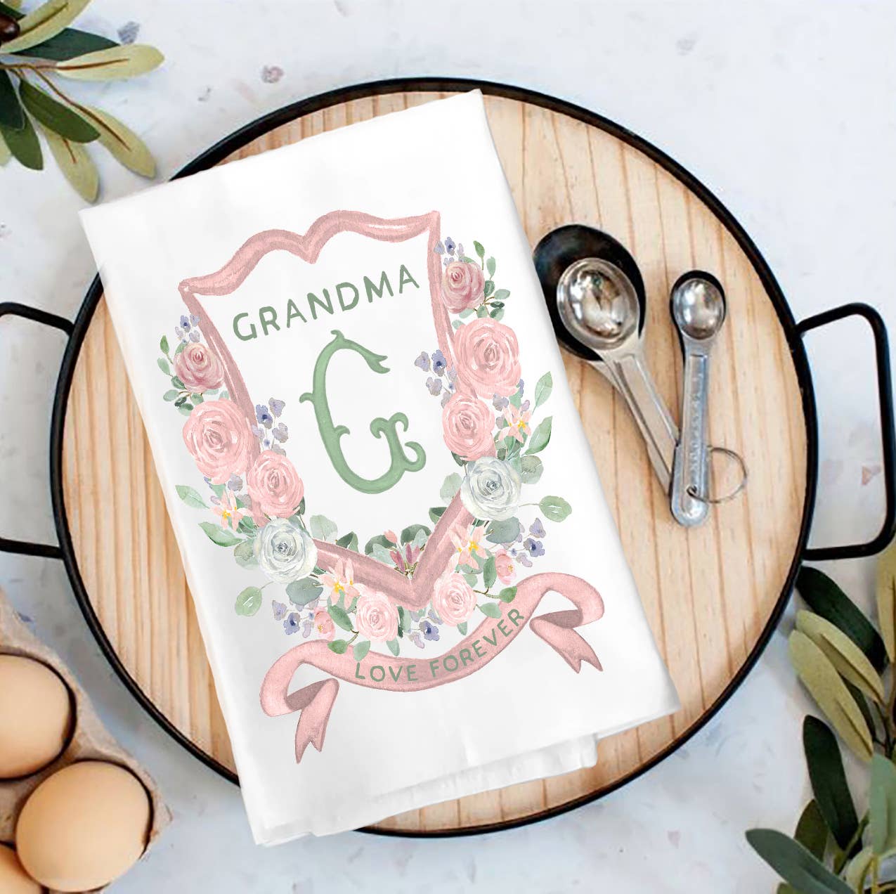 Mother's Day Grandma Floral Crest Tea Towel