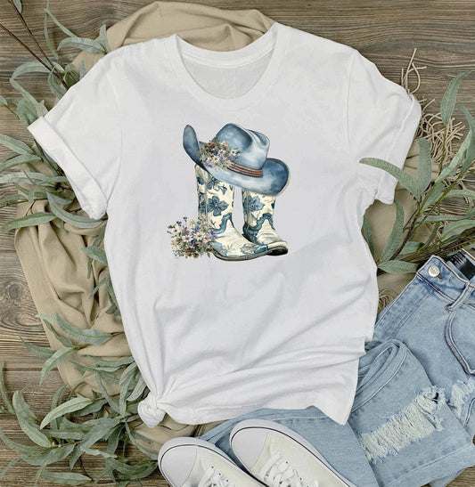 Western Blue & White Cowboy Boots T-Shirt