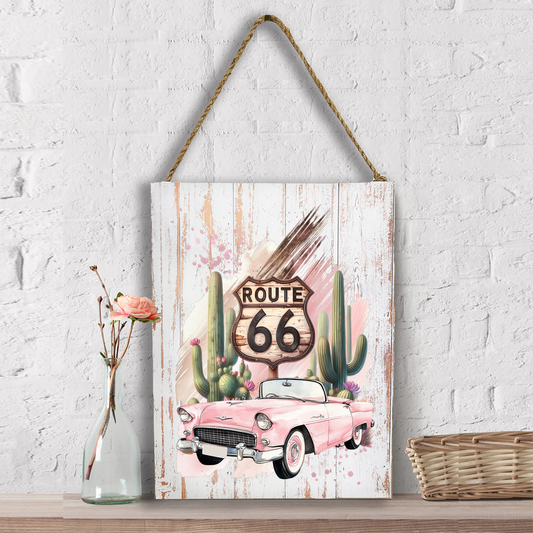 Route 66 Pink Vintage Car  Wall Decor