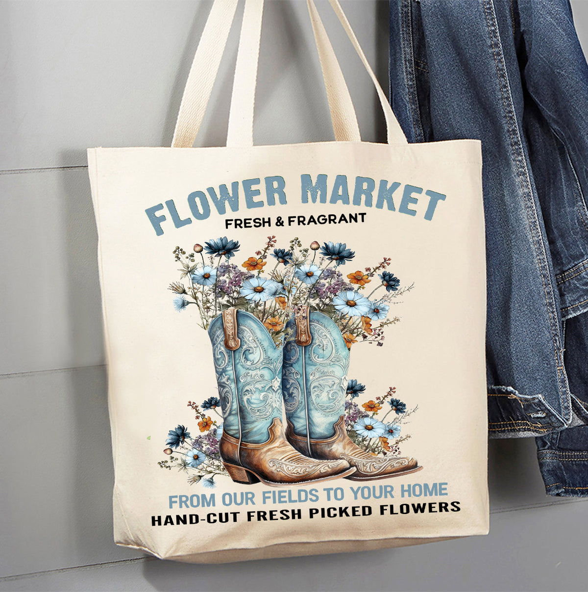 Western Cowboy Boots Flower Market Canvas Tote Bag