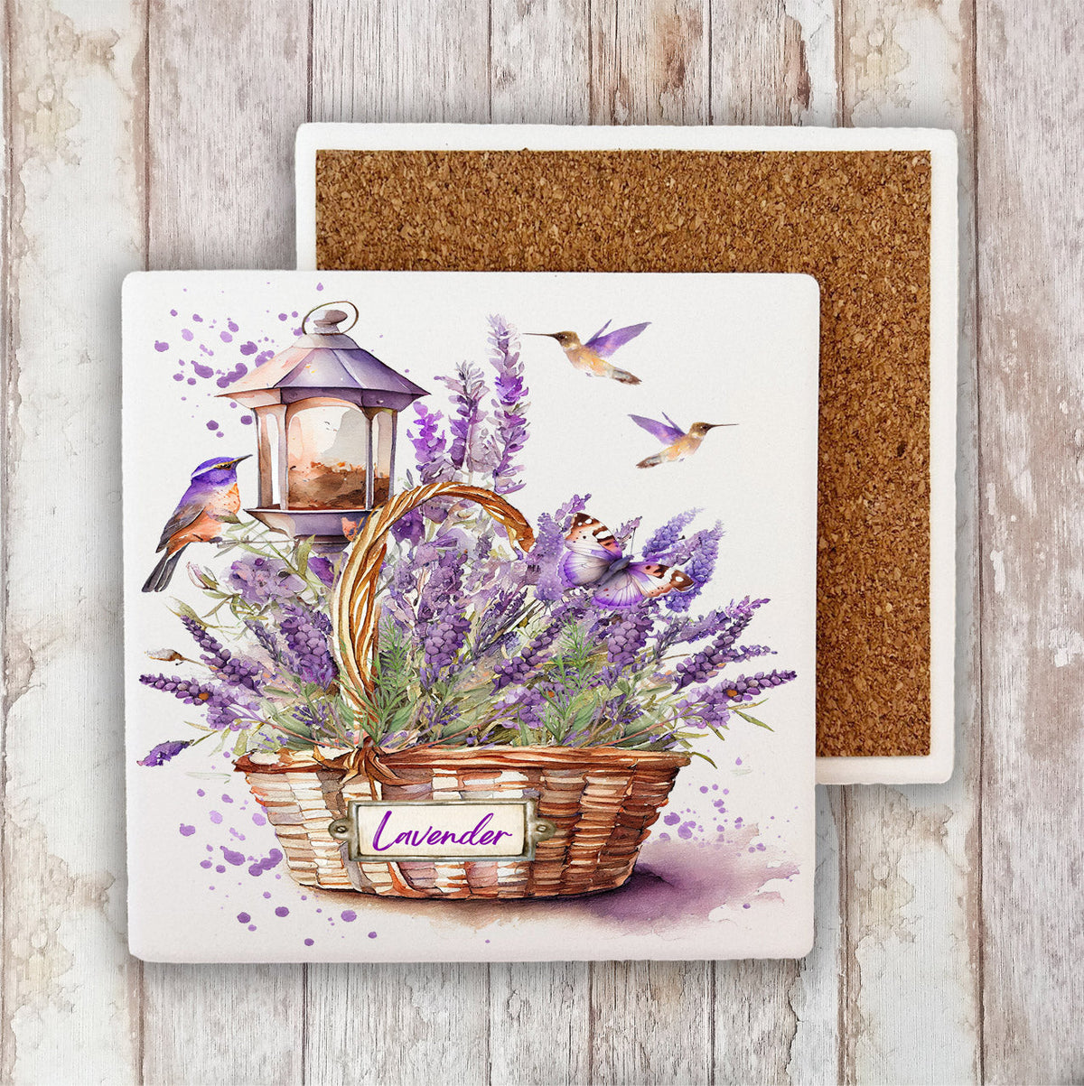 Basket of Lavender Humming Birds Stone Coaster (Set of 2)