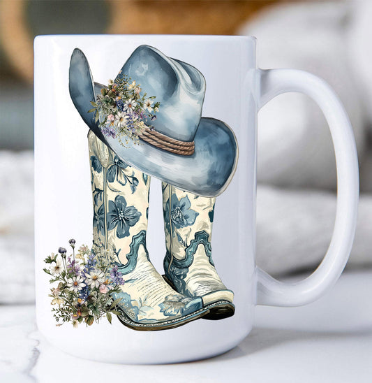 Western Blue & White Cowboy Boots Coffee Mug