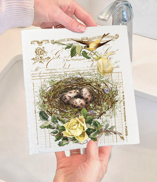 Vintage Shabby Chic Birds Nest Roses Swedish Dishcloth (Set of 2)