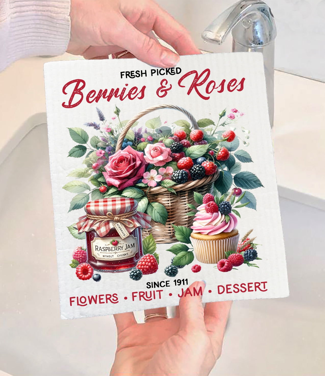 Berries and Roses Farmhouse Swedish Dishcloth (Set of 2)