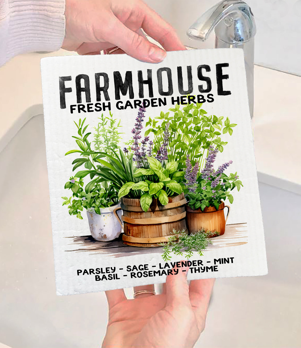 Farmhouse Fresh Herbs Basil, Thyme Swedish Dishcloth (Set of 2)