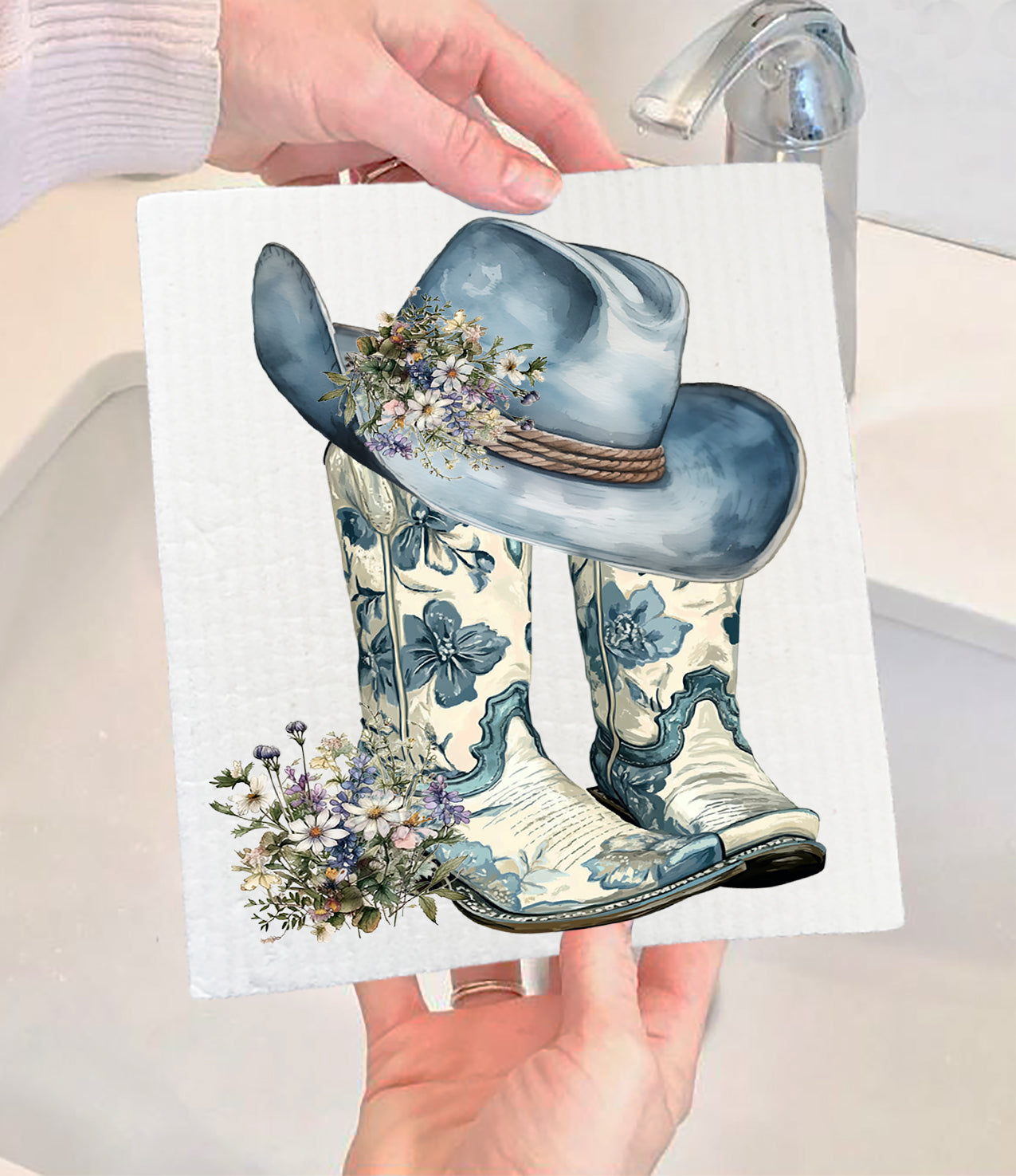 Western Blue & White Cowboy Boots Swedish Dishcloth (Set of 2)