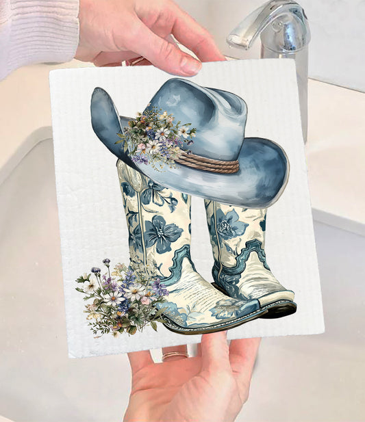 Western Blue & White Cowboy Boots Swedish Dishcloth (Set of 2)