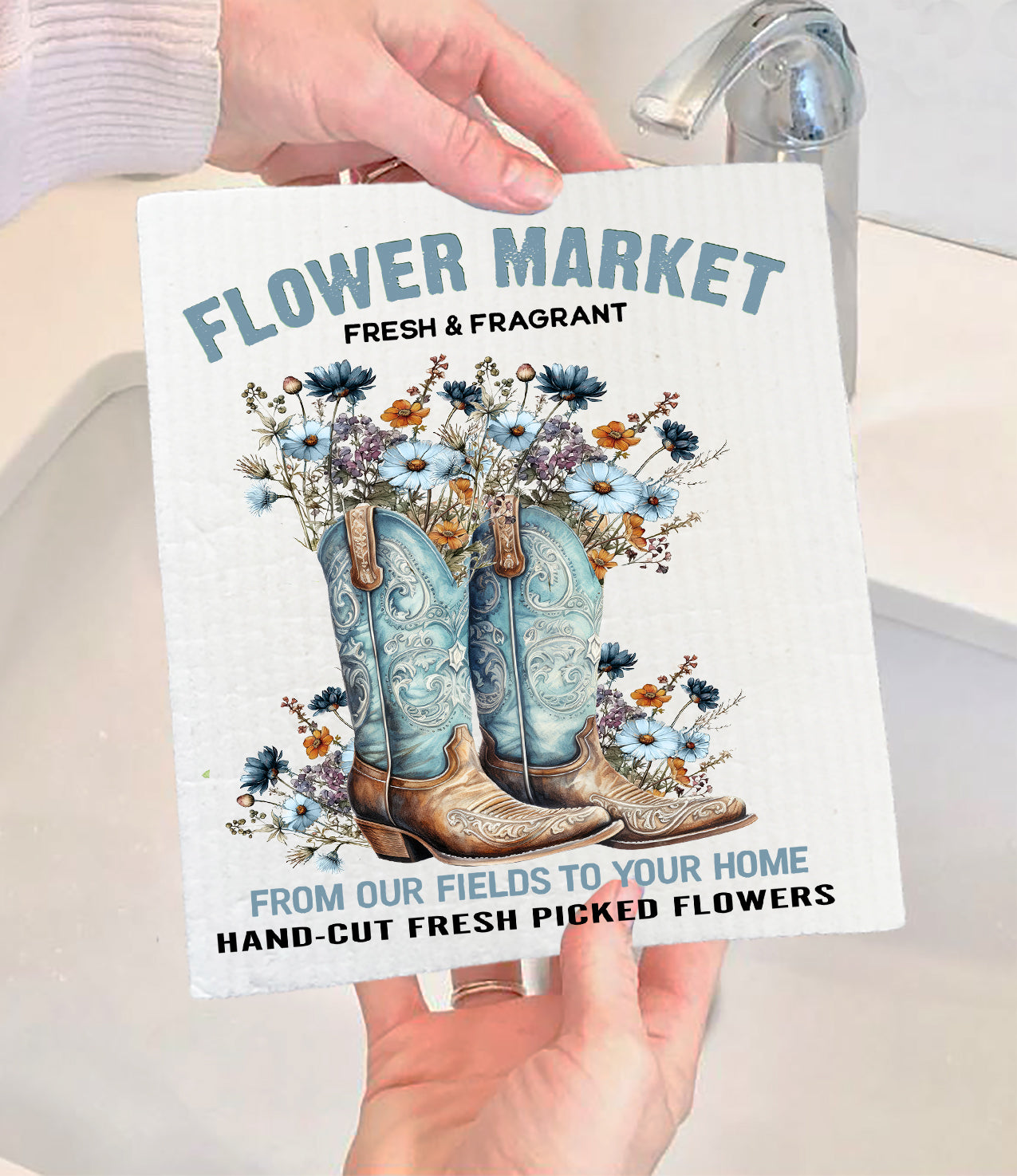 Western Cowboy Boots Flower Market Swedish Dishcloth (Set of 2)