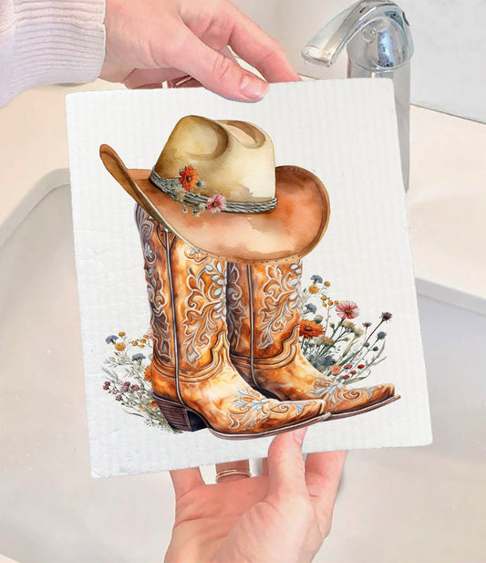 Western Cowboy Boots Country Flowers Swedish Dishcloth (Set of 2)