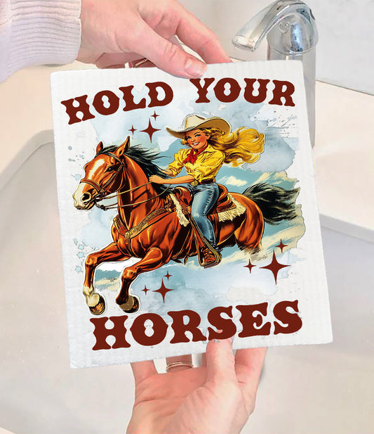 Vintage Cowgirls Hold Your Horses Swedish Dishcloth (Sets of 2)