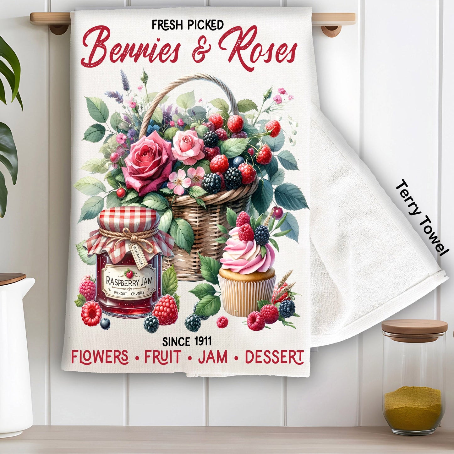 Berries and Roses Farmhouse Kitchen Terry Towel