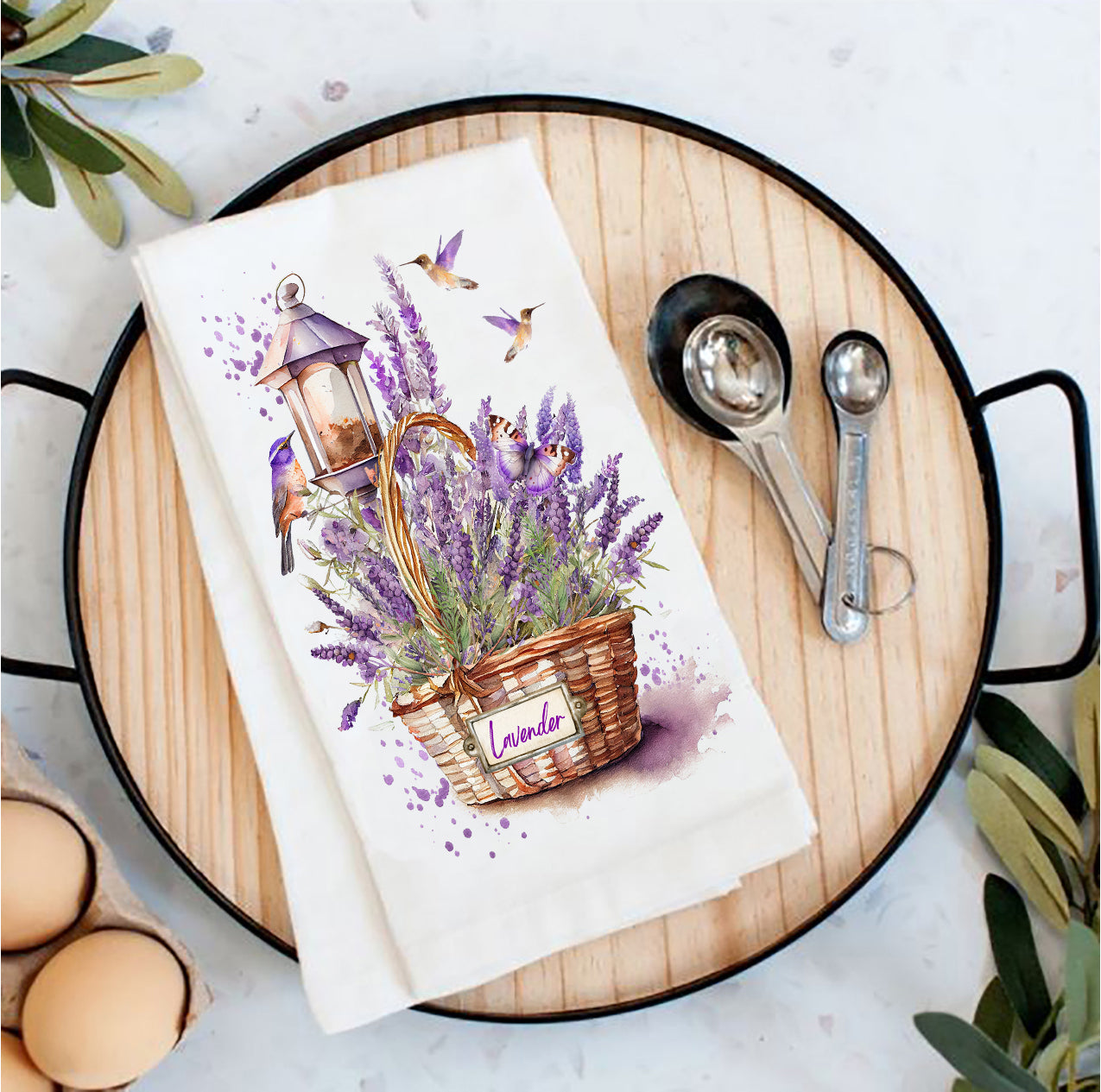 Basket of Lavender Humming Birds Tea Towel
