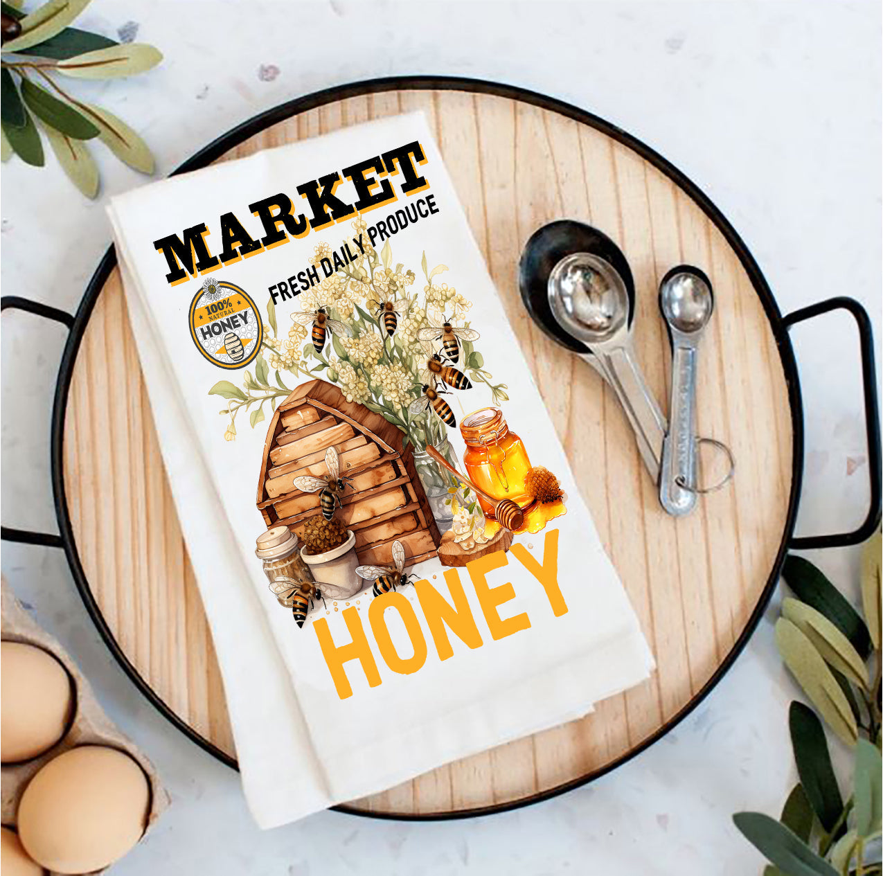 Honey Bees Country Market Tea Towel